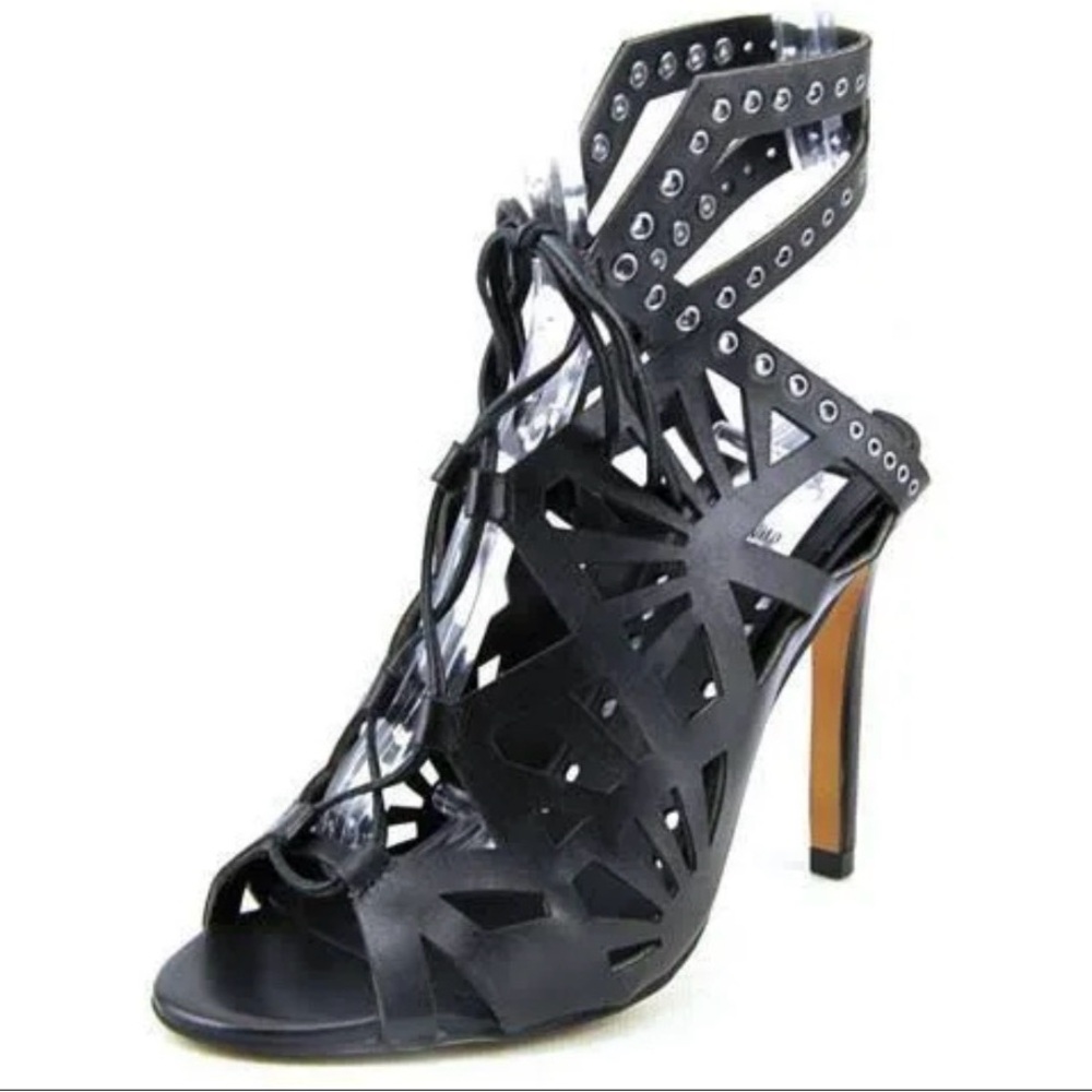 Dolce Vita Black Laser-Cut Leather Lace-Up High Heel Sandal with Studded Ankle